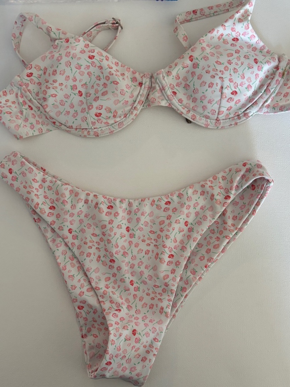 SHEIN White Bikini with Pink Floral Print